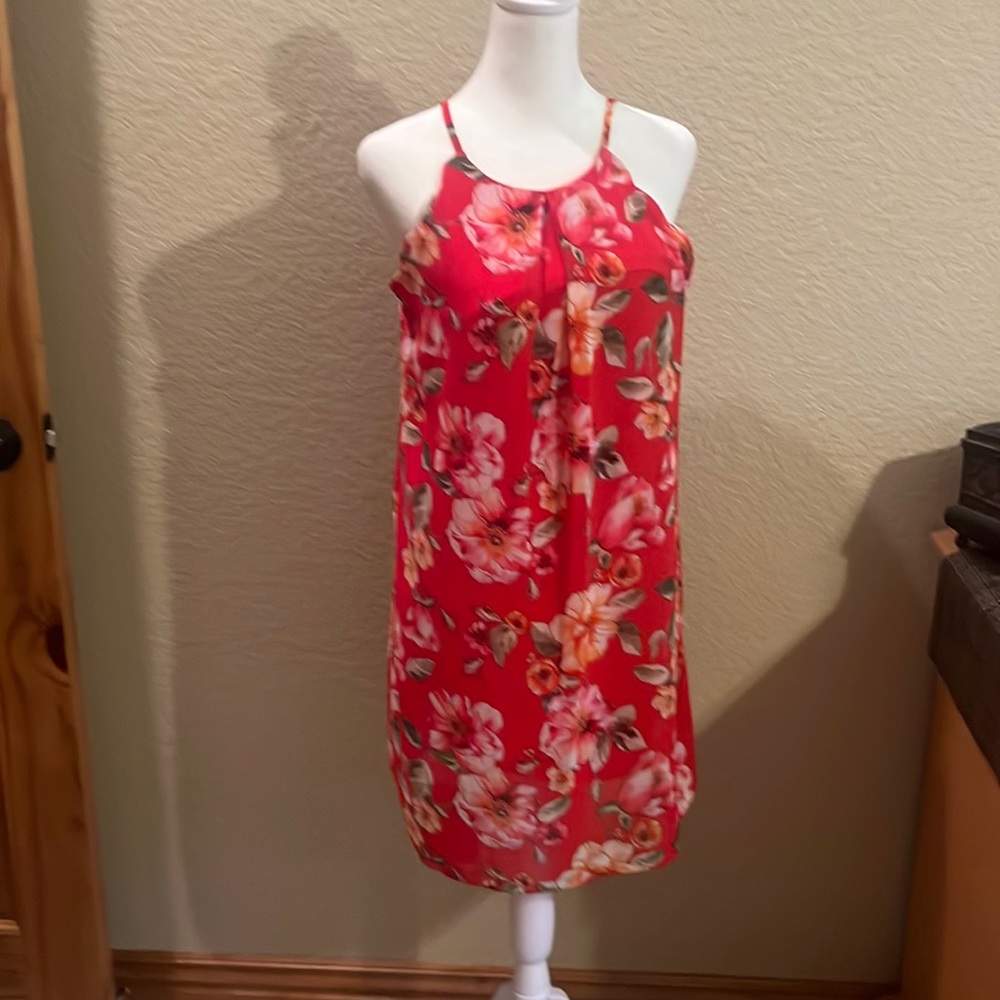 Red floral, high neck, mini dress
